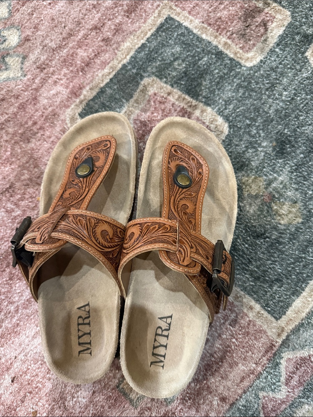 Myra Bag Tan Tooled Leather Slide Sandals